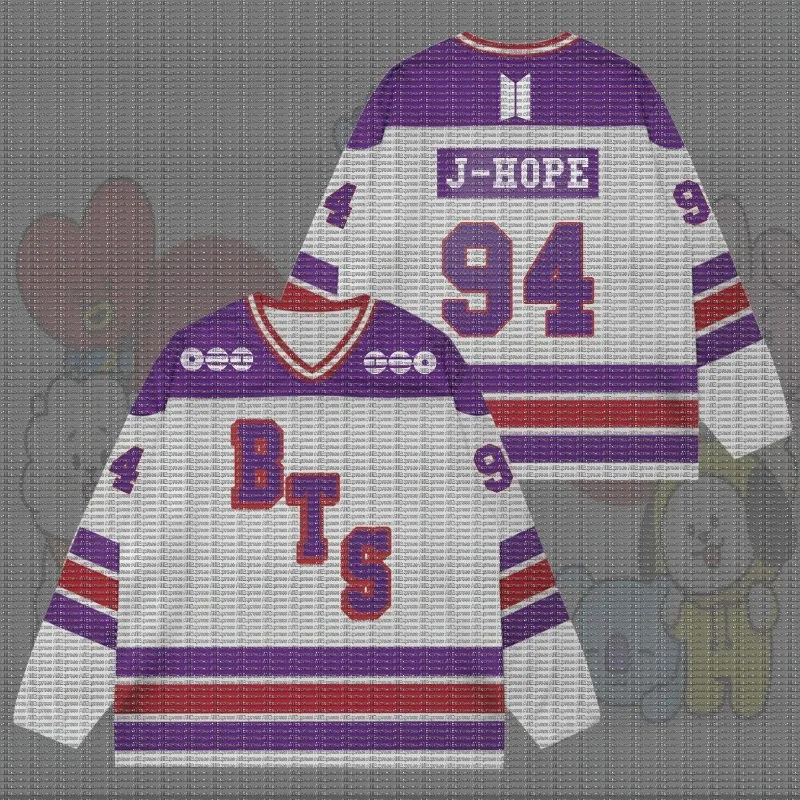 BTS Purple, White, and Red Contrasting Ice Hockey Jersey, V-neck Long Sleeved Jersey, Member Name and Number, Fan Support Top