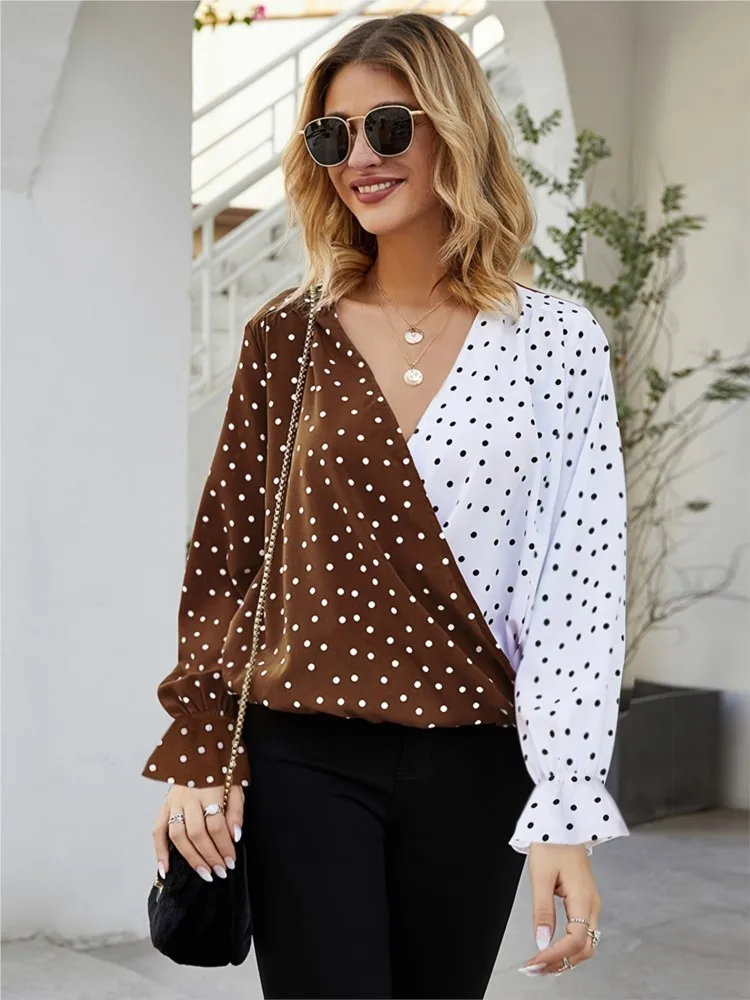 Women\'s Shirt Spring Autumn Polka Dot Color Block Print Long Sleeve Loose Blouses And Tops Casual V Neck Offfice Lady Shirts