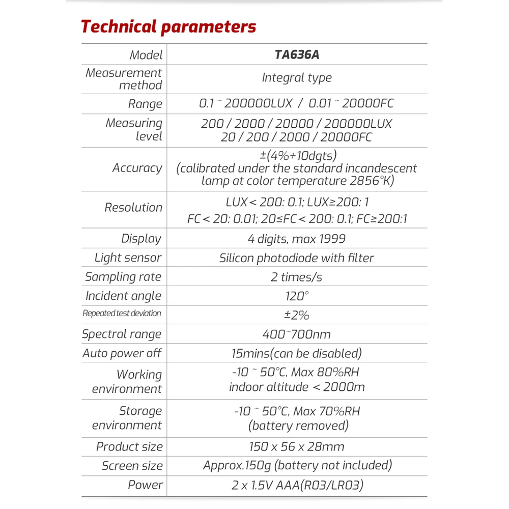 TA636A Light Meter 200000 Lux Digital Illuminance Meter Handheld Lux Meter Illuminometer Photometer