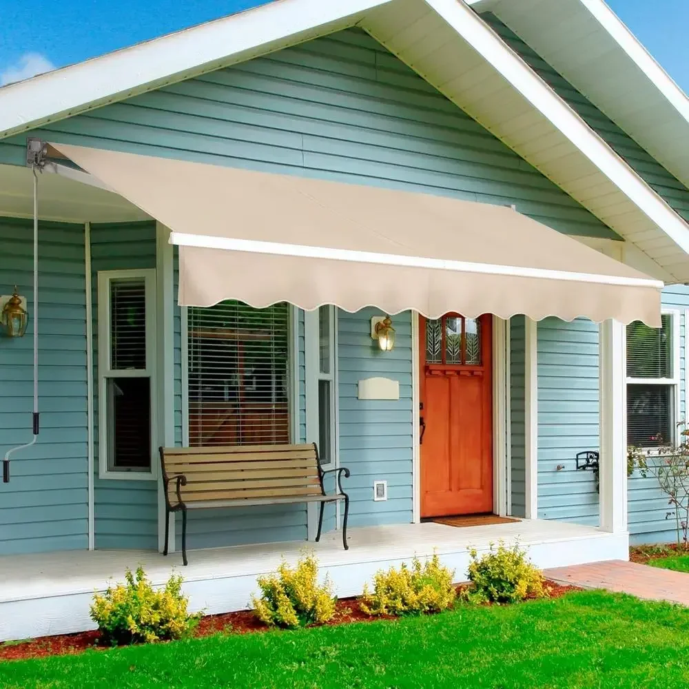 10ft x 8ft Manual Retractable Patio Awning with Polyester Shade, Beige