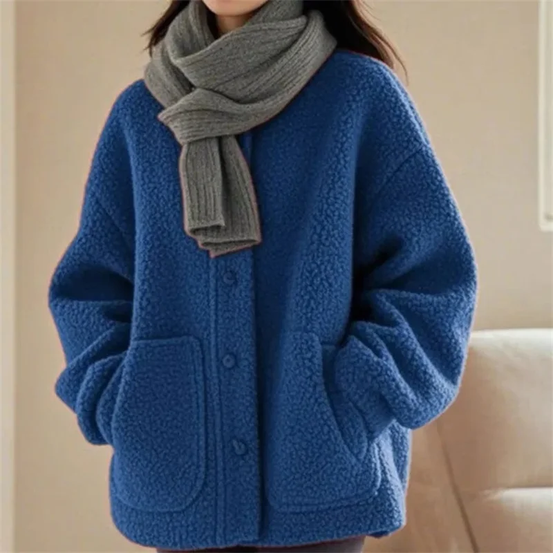 Autumn Winter Women Long Sleeves Jacket European Feminine Solid Color Particle Plush Outwear Ladies Fashion Loose Lamb Wool Coat