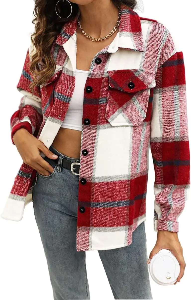 

Trendy Womens Flannel Shacket Casual Plaid Button Down Long Sleeve Shirt Fall Clothes Outfits