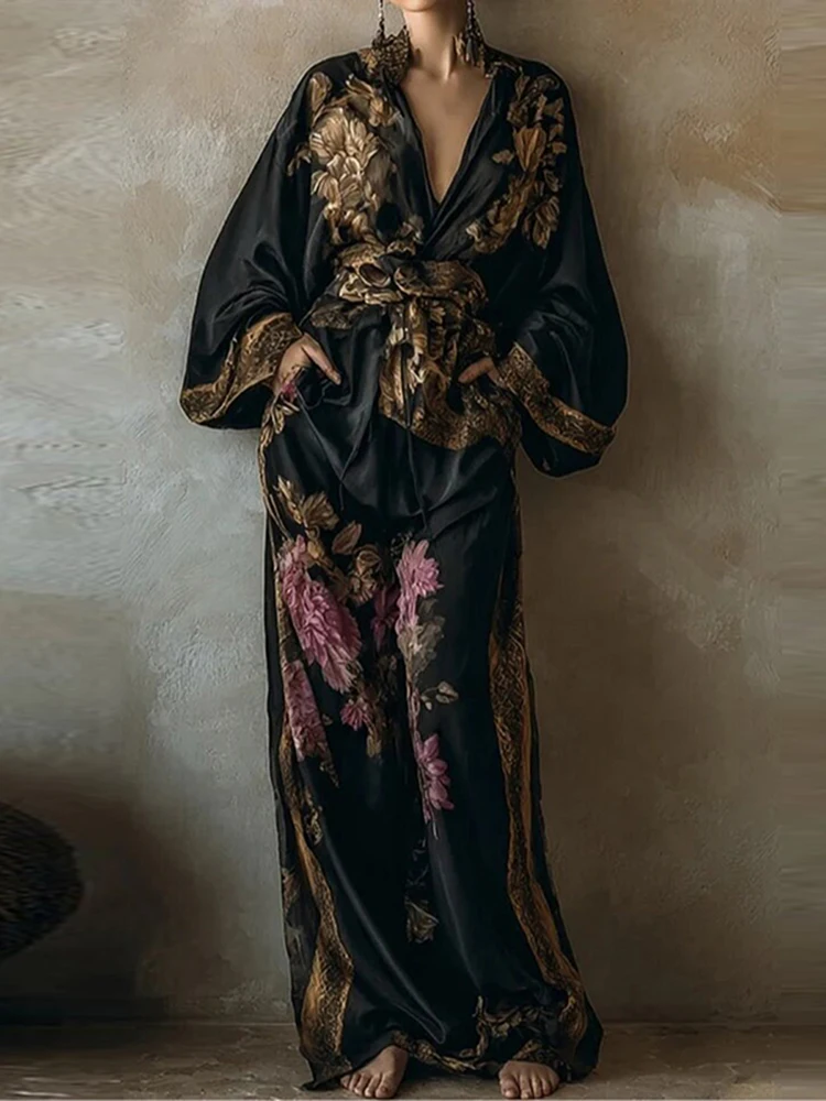 

Spring V-neck Long Sleeved Top with Wide Leg Pants Outfit Bohemian Loose Holiday Suit Vintage Pattern Printed Women 2 Piece Set