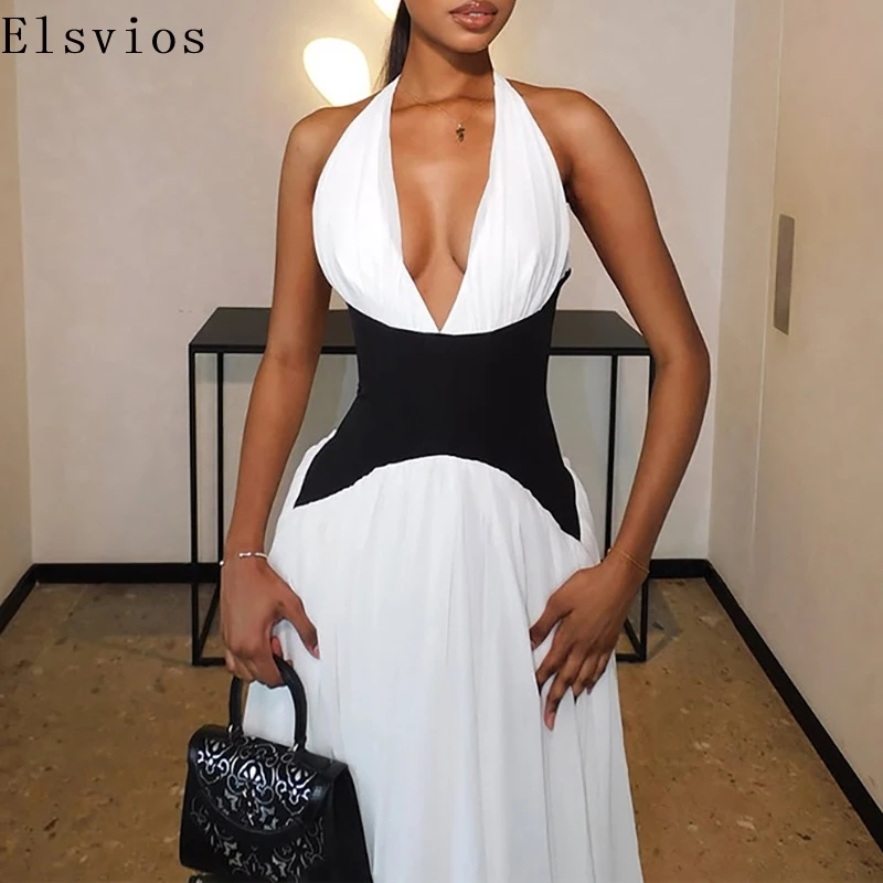

Elegant Girdling A-line Dress New 2025 Women Solid Hollow Backless Party Dress Sexy Ladies Contract Color French Spaghetti Dress