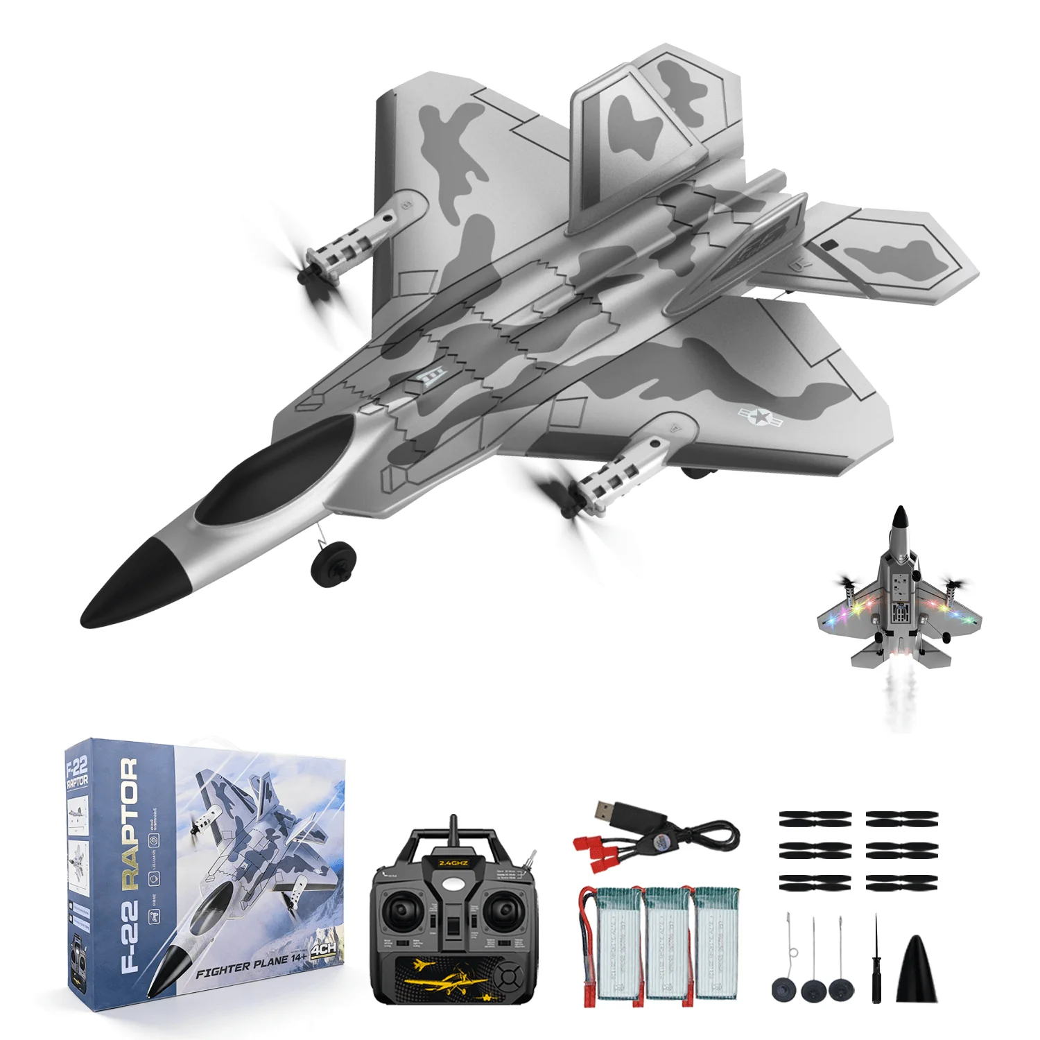RCkuler 4-CH F-22 Raptor RC Plane with Light, RTF Remote Control Airplane with 6-Axis Gyro Stabilizer, Aerobatic & Vertical Flight Mode, Upgraded Dual Motors, Professional RC Jet for Adults, 3 Batteries