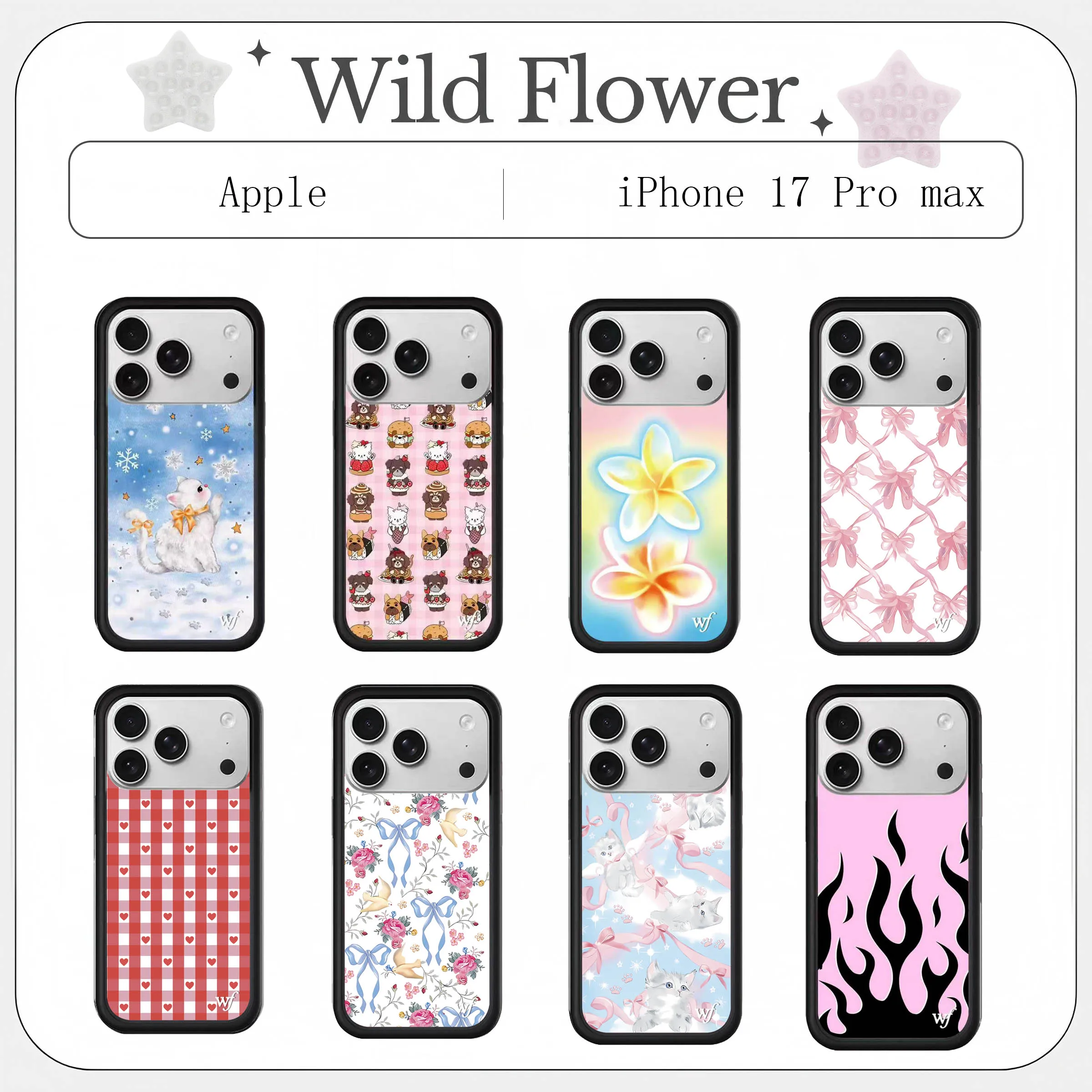 Kawaii Mixed Pattern Wildflower Phone Case For iPhone 17 16 15 14 13 12 Pro Max Plus Air Cute Cat Floral Plaid Bow Flame Protect