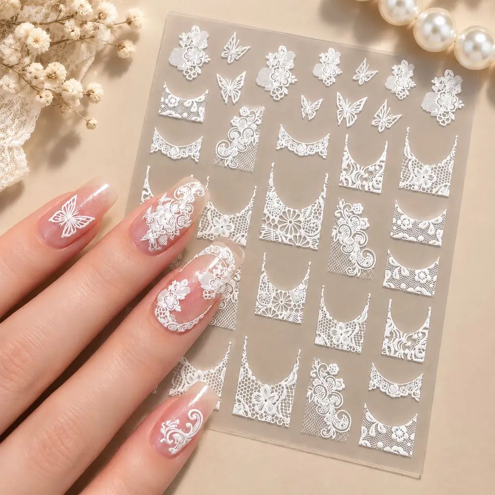 INS Viral Lace Nail Stickers White Butterfly Flower 5D Embossed Self Adhesive Decals Trendy Influencer Nail Art Decor for Women