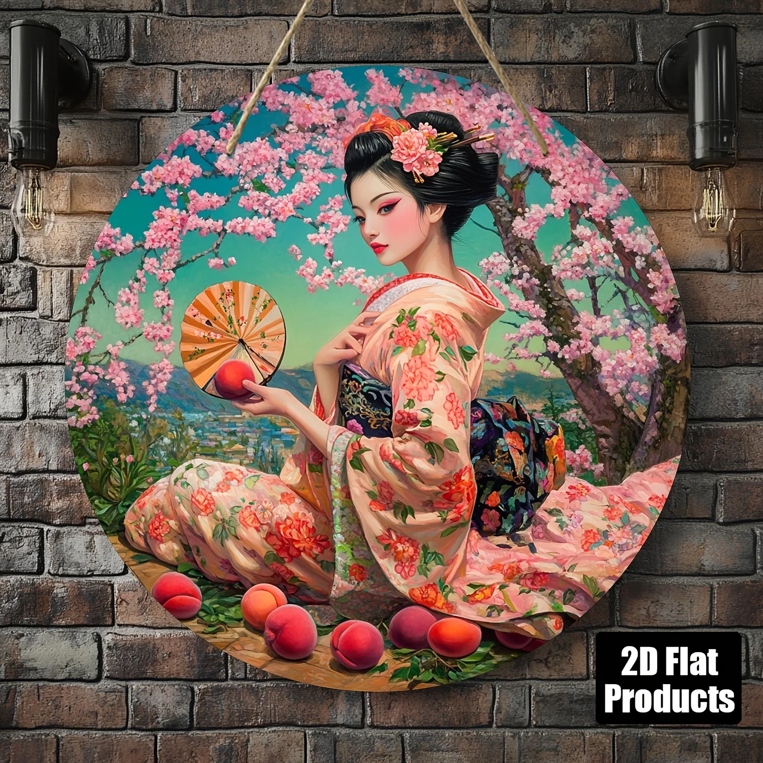 2D Flat, Pendants, Drops And Finials, Circular Wooden Board Decorative Painting Sign Plaque, Japanese Kimono Women Theme, Suitab