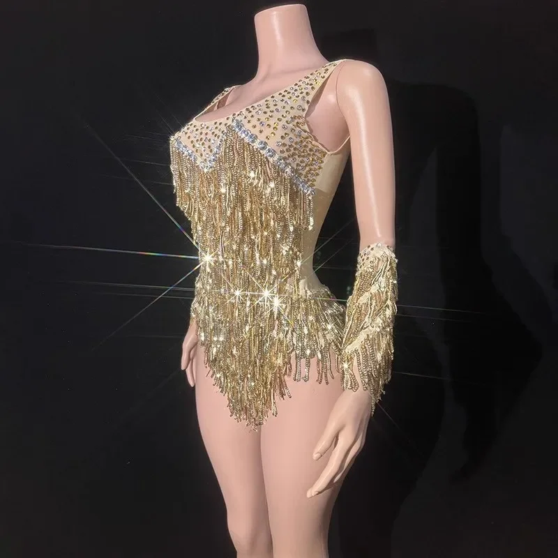 Body con cadena de diamantes de imitación dorados, nueva moda, ropa de Jazz, disfraces brillantes de bailarina Gogo para mujer, Bar, club nocturno, DJ, traje Rave para escenario