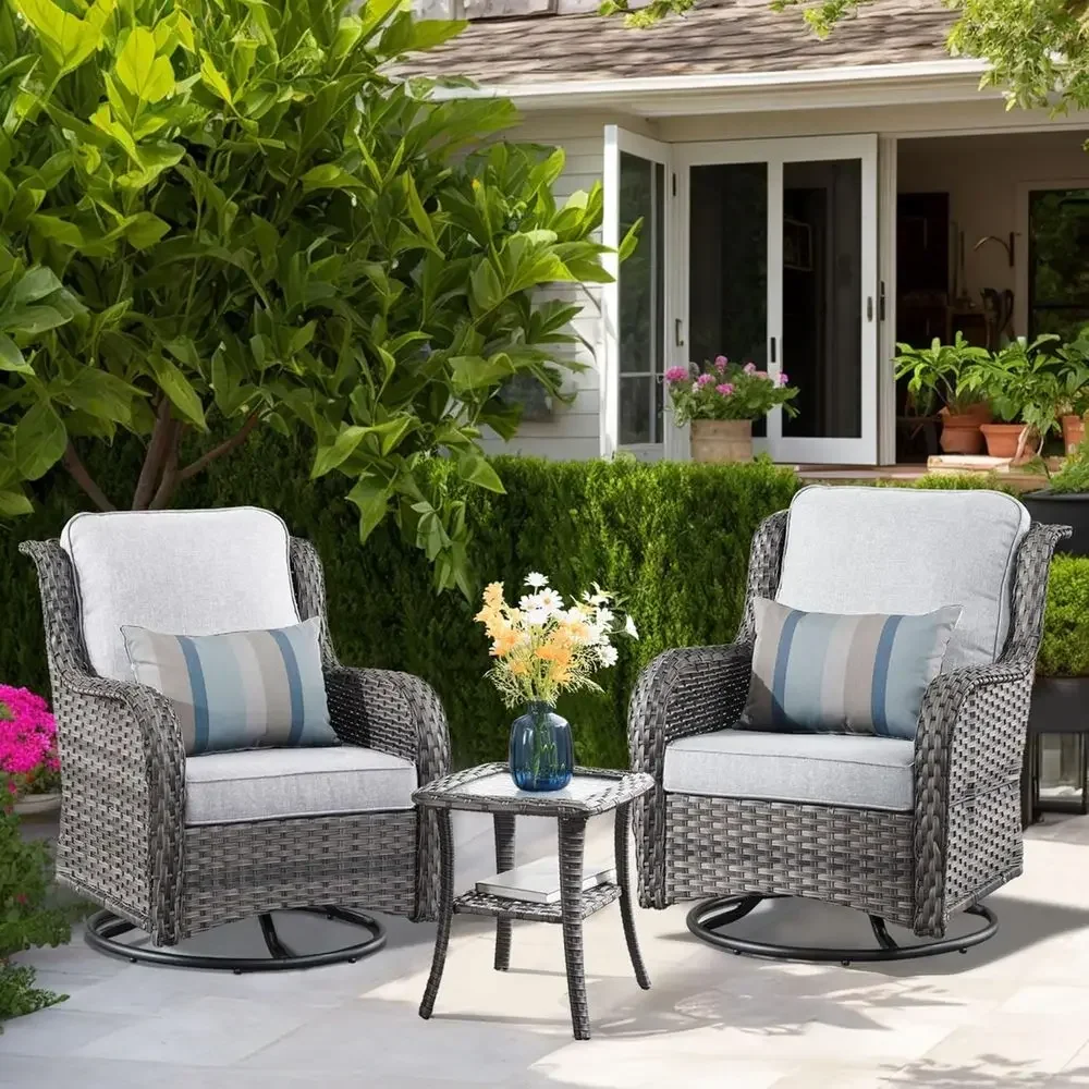 3-Piece Outdoor Wicker Swivel Chair Set in Light Gray