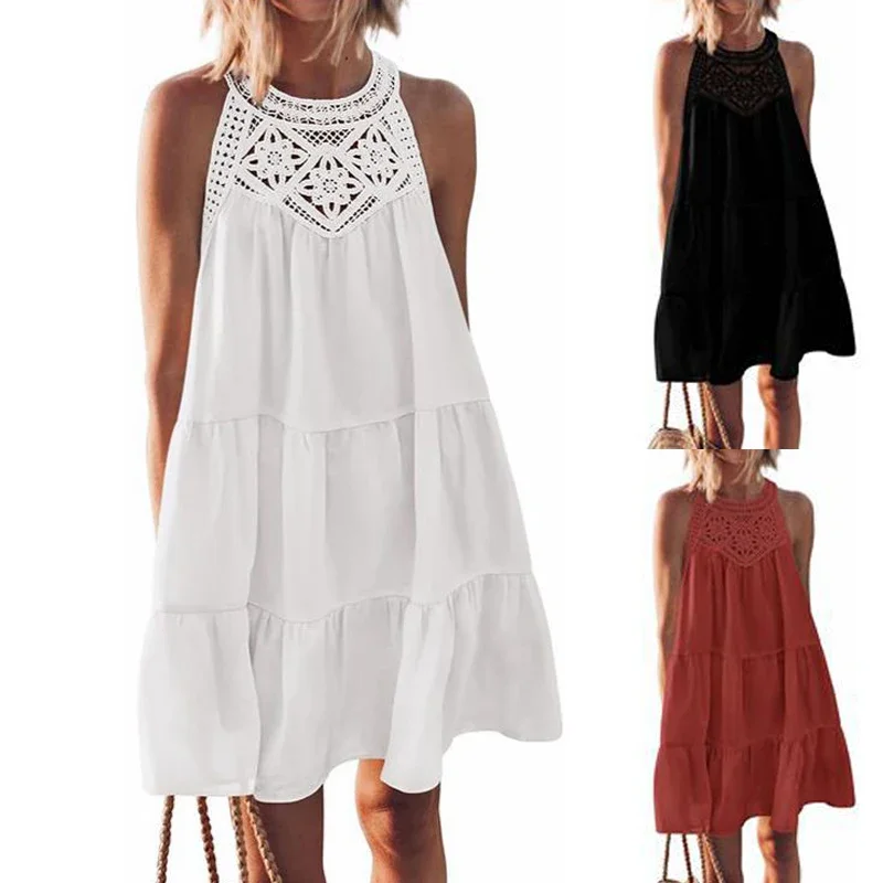 

Women Fashion Hollow Lace Dress Casual Solid Color Hanging Neck A-line Dresses Summer Pleated Beach Sundress