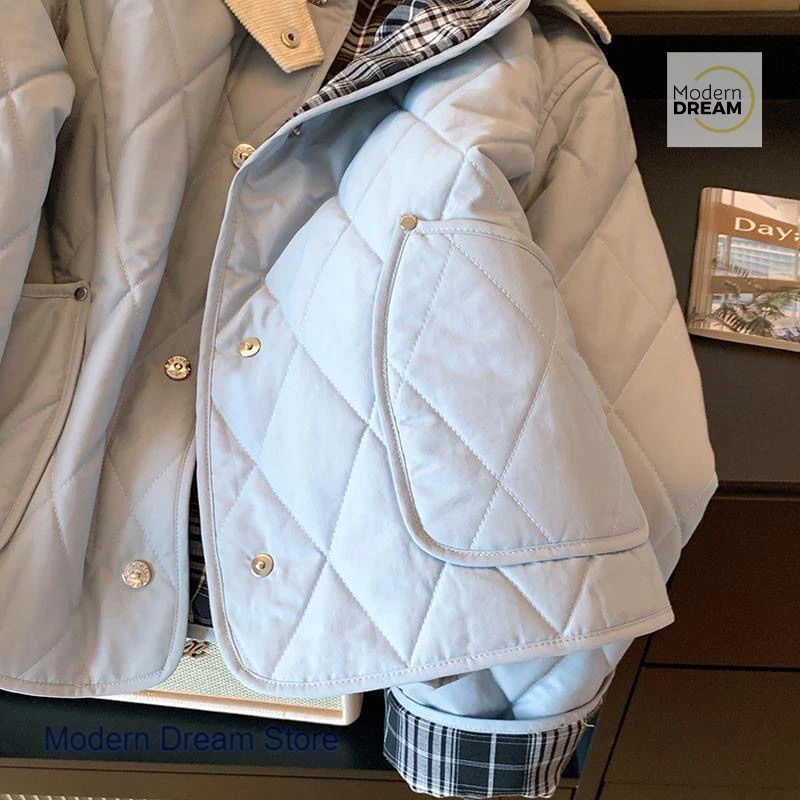 한국 블루 다이아몬드 패딩 숏 따뜻한 패딩 재킷 여성용 가을 겨울 신상 패션 기품 있는 스티칭 코튼 코트
