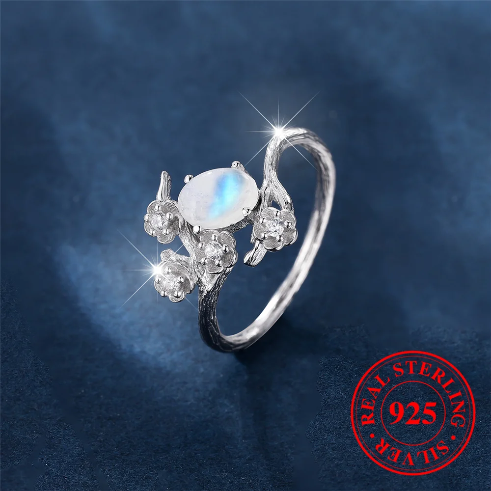 

Cute Female Small Round Nature Moon Stone Round Flower Ring Vintage Real 925 Sterling Silver Wedding Jewelry For Women