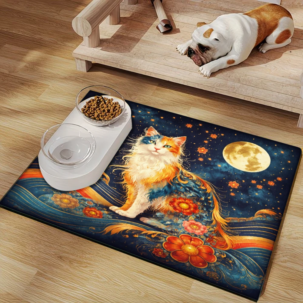 

Нескользящий коврик для кормления домашних животных Cat Moon Flowers Waves Night, товары для животных, защита от брызг и скольжения, коврики для кошек и собак