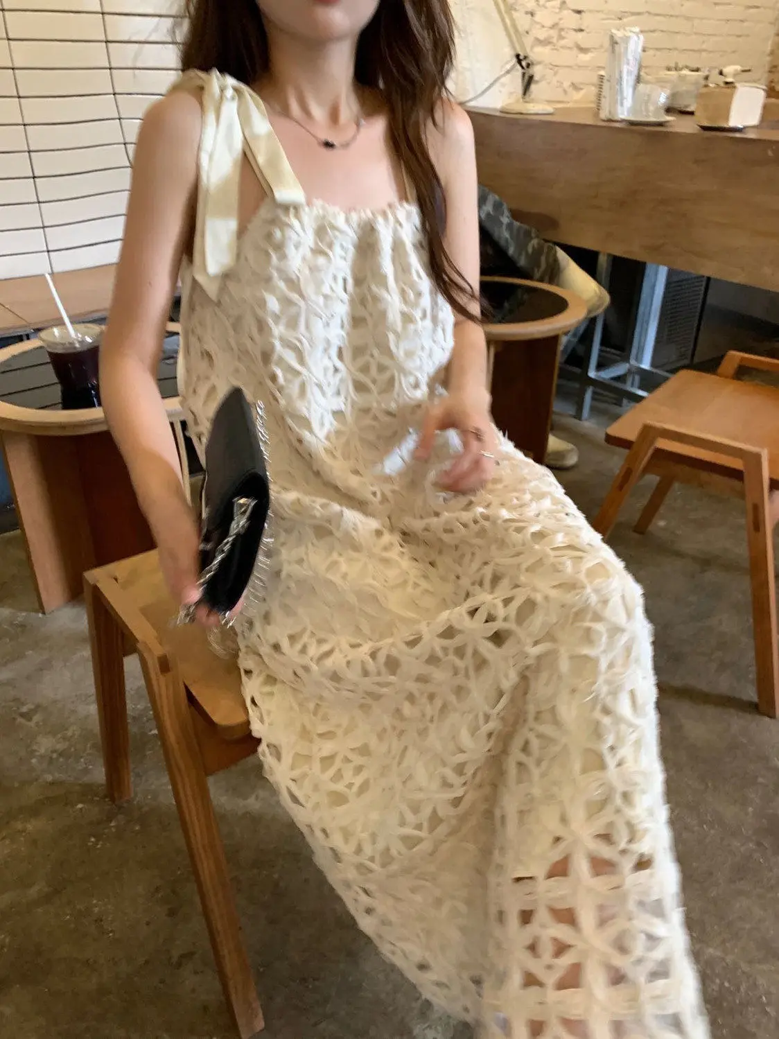 

French Style Beautiful White Hollow Gentle Camisole Dress Elegant Beach Sweet Summer Vacation Long Dress