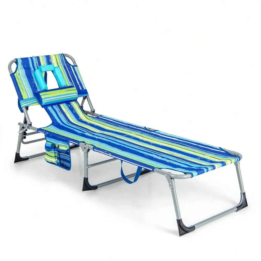 

Outdoor Beach Lounge Chair Folding Chaise Lounge W Pillow Blue Green