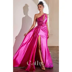 Cathy Lace Appliques Prom Dressess One Shoulder Mermaid Satin Vestidos De Noche Customized Sexy Side Split Cocktail Party