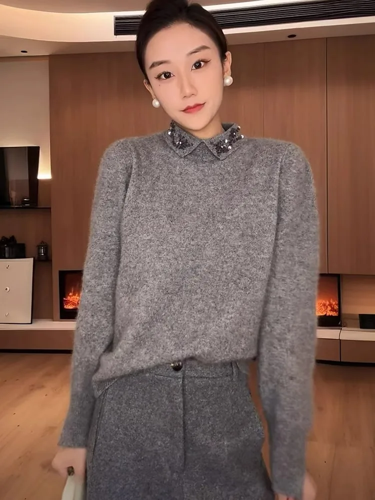 

Ladies' Knitted Woolen Sweater Casual Long Sve Diamond Embedded Loose Fit Korean Sle Comfortable Winter Faion Top
