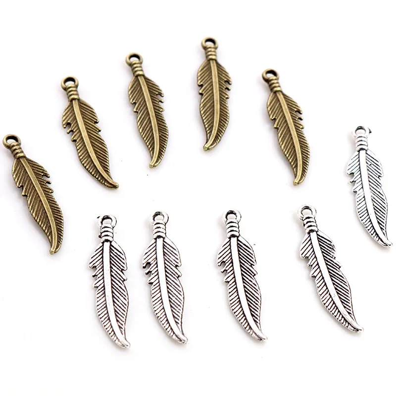 Charms Feather 20pcs 27x7mm Tibetan Bronze Antique Silver Color Pendants Antique Jewelry Making DIY Handmade Craft