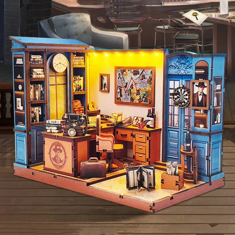 OUZEY DIY Wooden Miniature Detective Office Cottage Dollhouse with Furniture Casa Dollhouses for Friends Birthday Gift