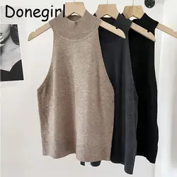 Donegirl 2023 Autumn Women New Sleeveless Turtleneck Solid Temperament Slim Ladies Knitted Sweater Vest Simple Tops Female Chic