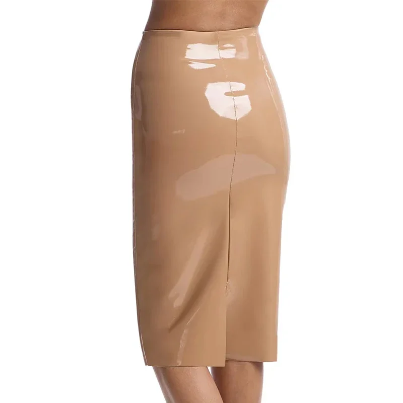 Stretch Slim Faux Latex Skirt Women High Waist Sexy Bodycon Shiny Patent Leather Pencil Skirt Hem Back Split Clubwear Custom New