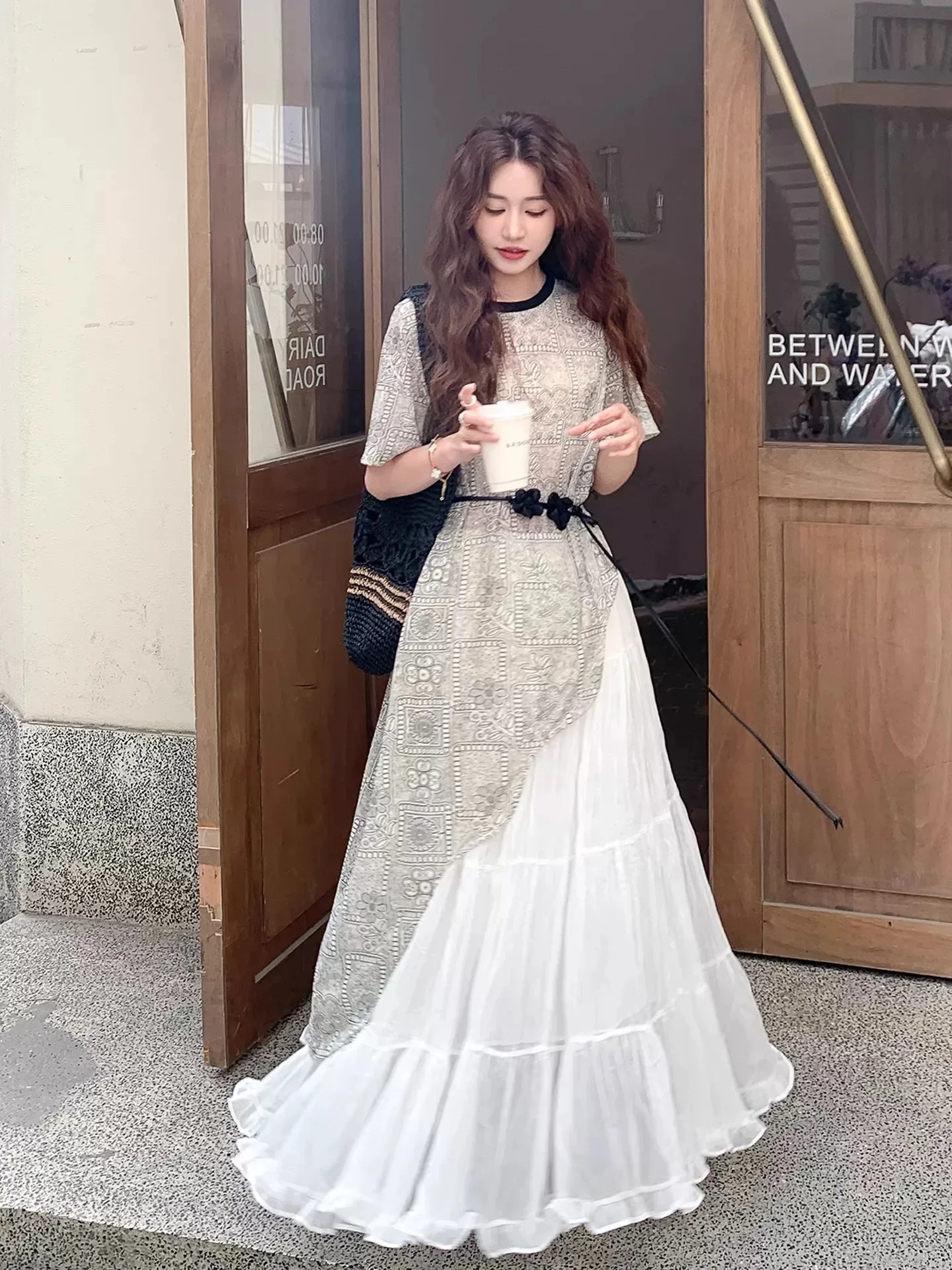 

Retro Sle Summer Vaion Dr Set Women's Loose Feelings Unusual Top f-length Skirt Two-piece Set Faionable Outfit