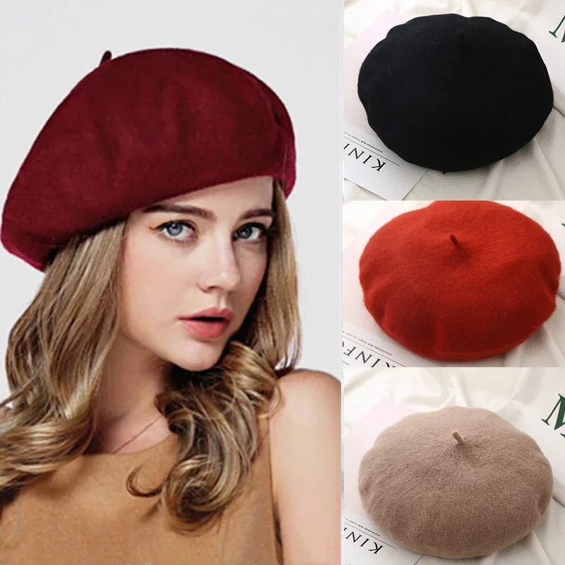 Women Girls Beret French Plain Wool Caps Warm Winter Beanie Hat Vintage Berets Solid Color Elegant Ladies Winter Hats Caps