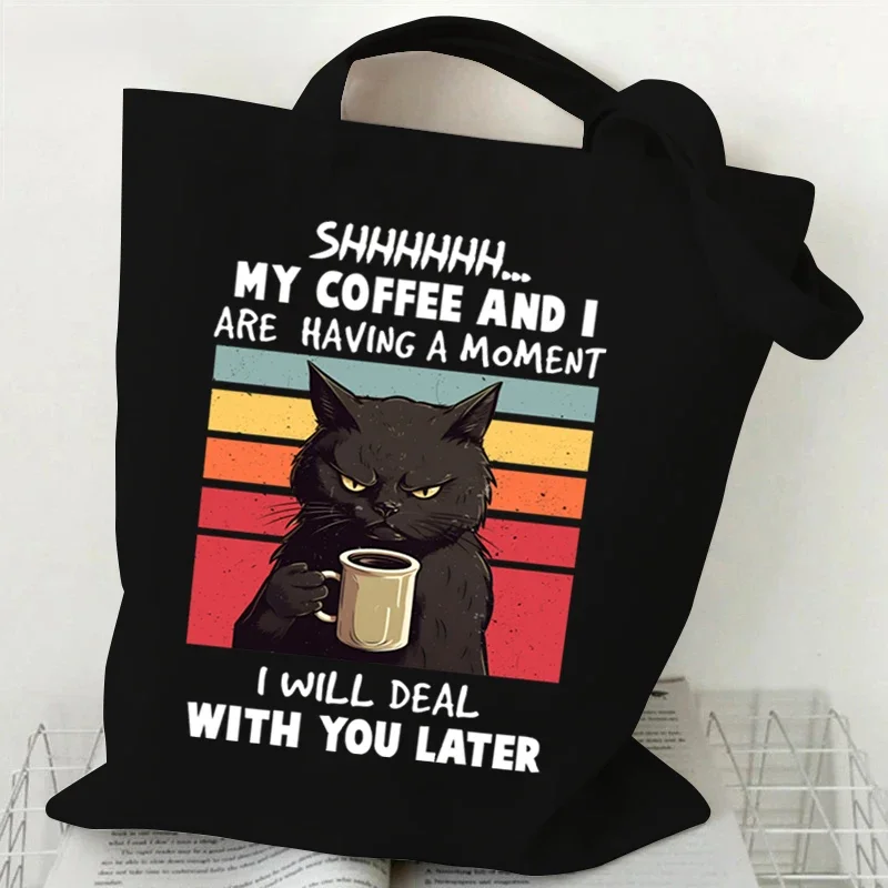 2024 Women\'s Shoulder Handbags Coffee Black Cats Print Large Capacity Shopping Bag Girls Canvas Tote Bag Reusable Foldable Bags