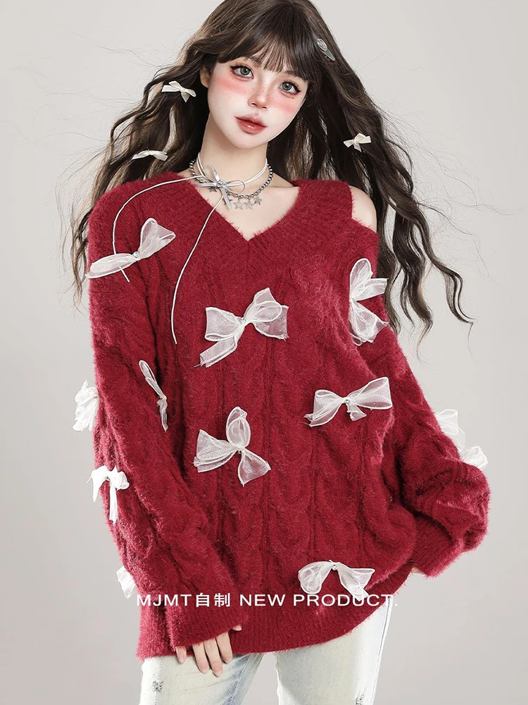 Jmprs Sexy Hollow Out Bow Sweaters Women Sweet Lazy Wind Red Knitted Pullovers Korean Loose Long Sleeve Female Elegant Cute Tops