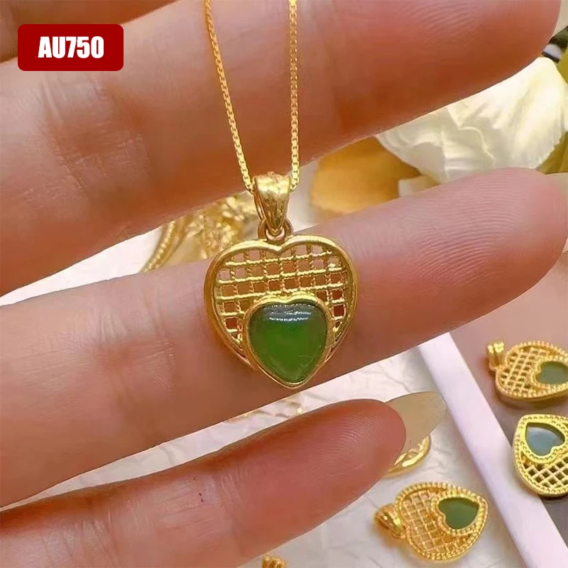 

Authentic Real 18K Gold AU750 Hetian Jade Pendant Heart Love Necklace Romantic Classic Gift Present For Woman Fine Jewelry