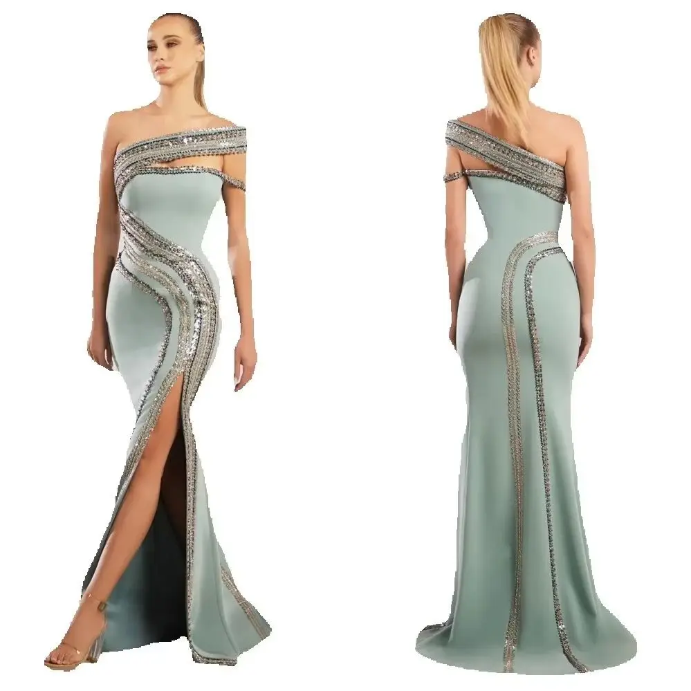 

Customized Fashion Elegant Jersey Sequined Pleat Trumpet Off-the-shoulder Long Dresses Bespoke Occasion Retro