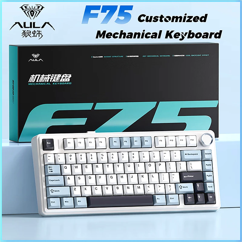 

AULA F75 Customized Mechanical Keyboard Wireless Tri-mode Connection 75% Array Metal Knob Gasket Structure RGB Backlighting