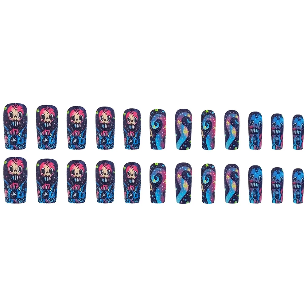 24 stuks Halloween Ghost lange vierkante kunstnagels draagbare Franse ballerina nepnagels druk op volledige dekking manicure nageltips