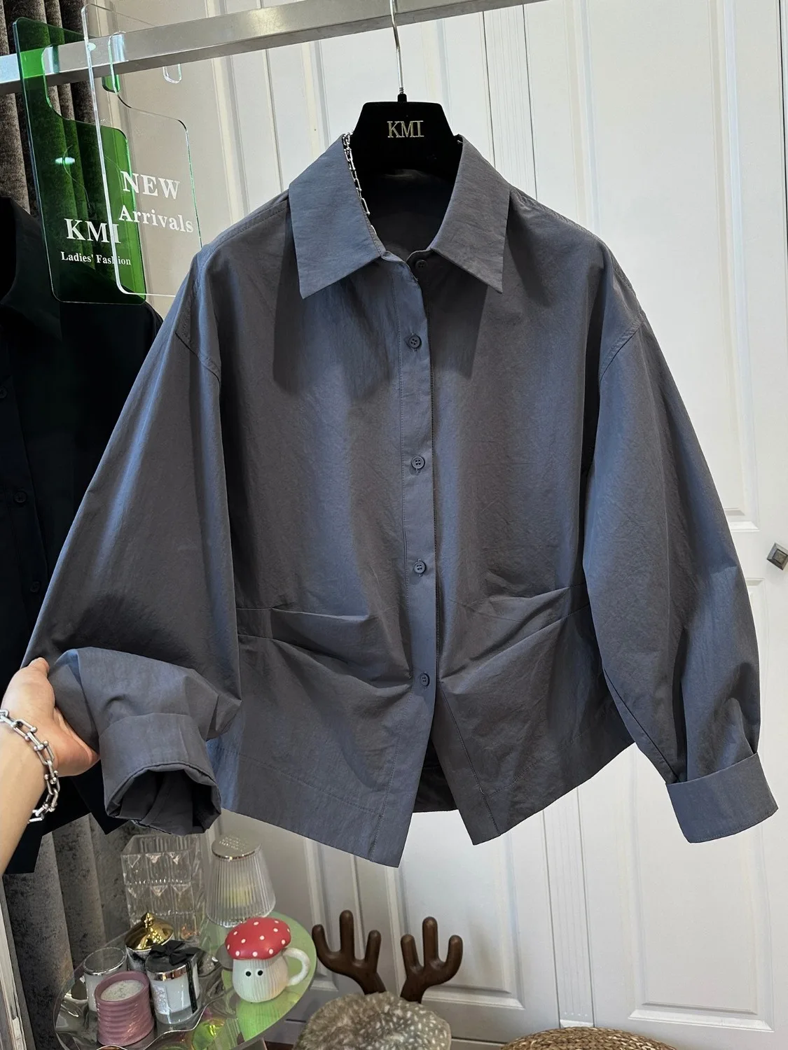 

Loose Women's irt Waist Cinched Casual Sle Single Button Collar Pure Color Cotton Long Sve Folded Hemline Autumn New