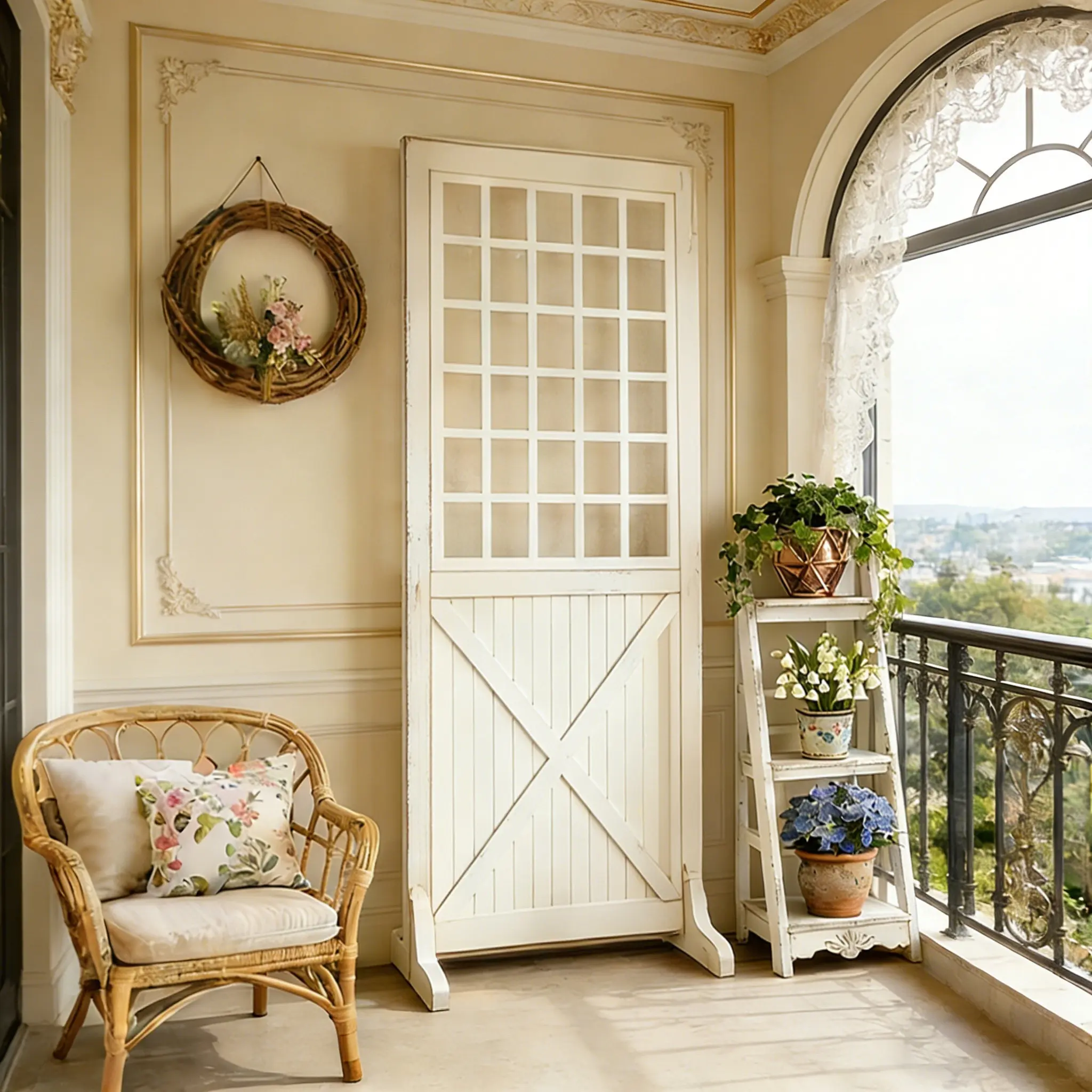 French garden courtyard solid wood climbing frame retro movable baffle flower window cut out screen