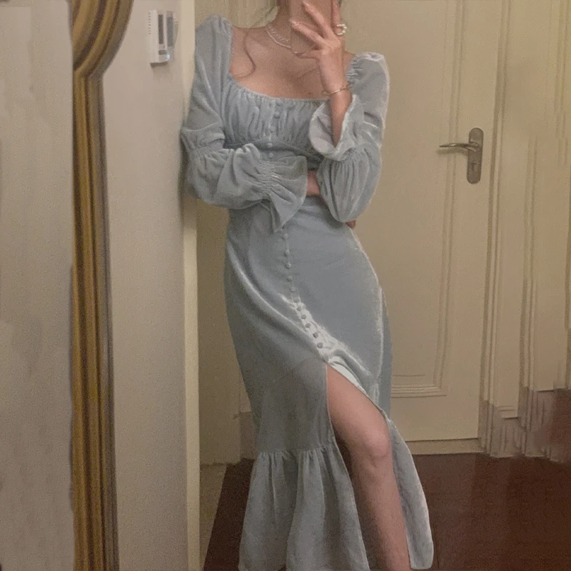 Robe longue en velours pour femmes, tenue de soirée élégante, Sexy, fendue, style gothique, Vintage coréen, moulante, une pièce, Y2K, printemps