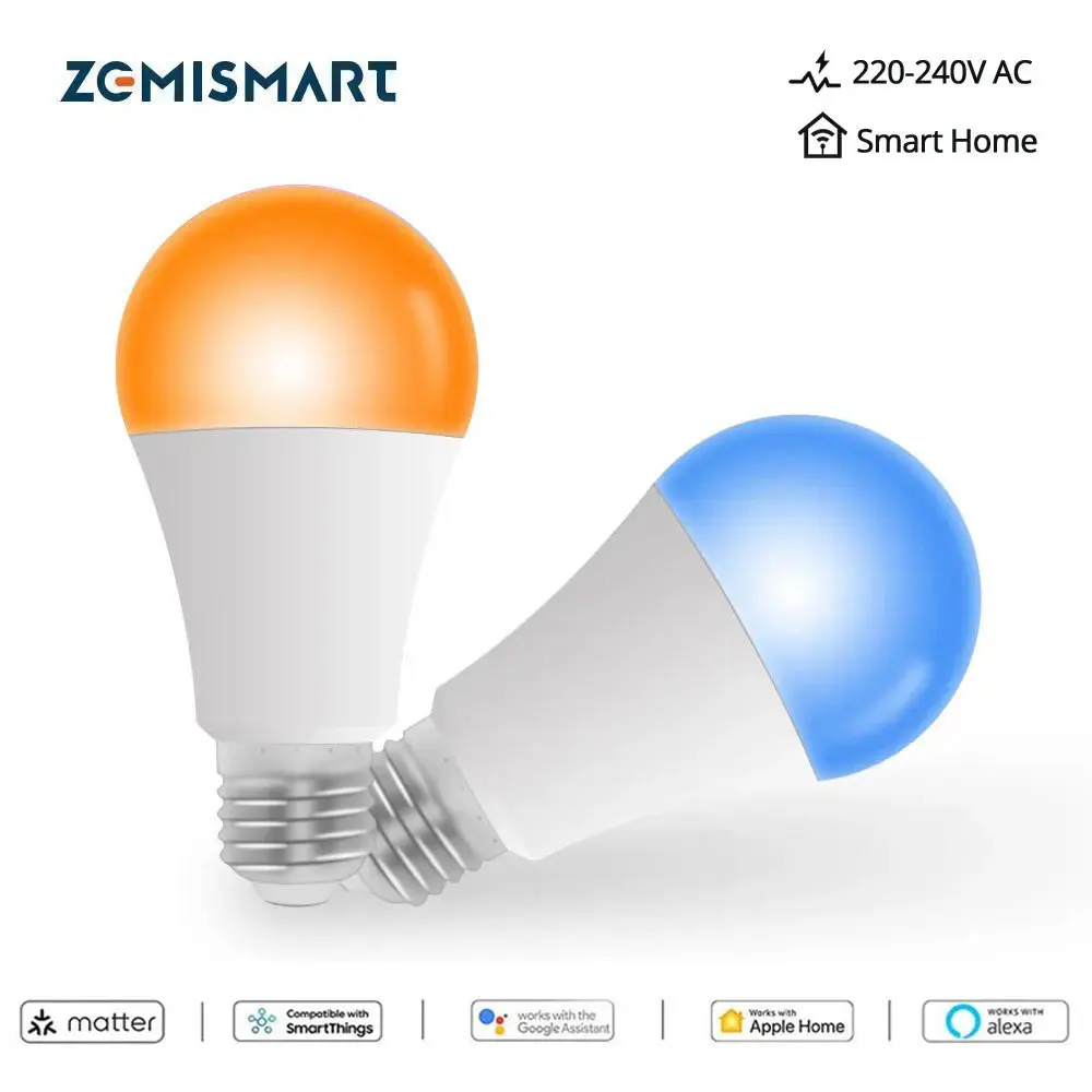 

Zemismart Matter Over WiFi A60 Led Light Bulb 9W RGBCW Dimmable Lamp Siri Alexa Google Home Smartthings App Control 220V 240V