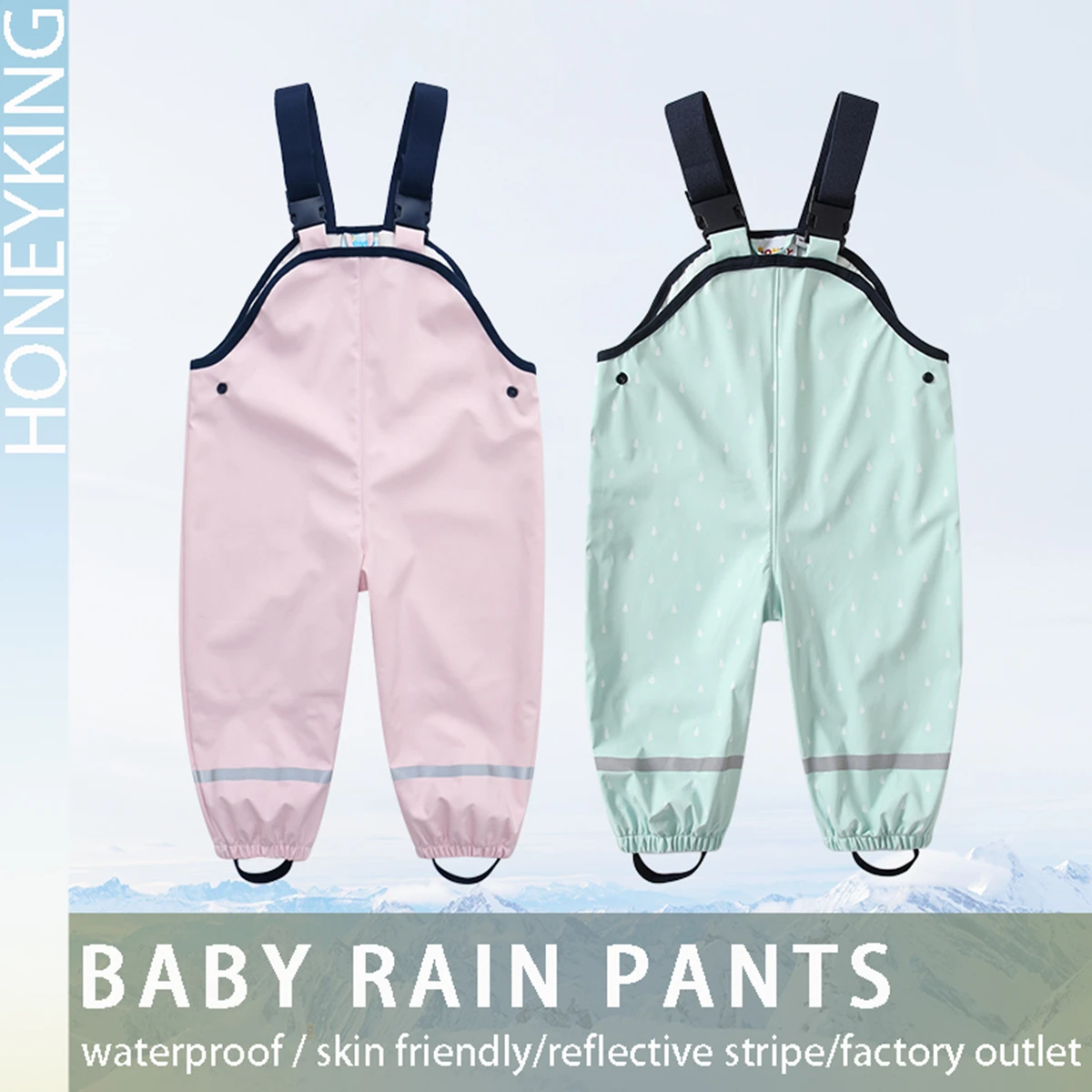 HONEYKING Children's PU Waterproof Rain Pants Toddler Baby Boys Girls Jumpsuit Rompers Kids Rain Overalls Suspenders Pants