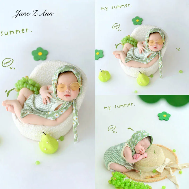 

Baby photography props infant girl sitter size summer green daisy headscarf+plaid bodysuit+sunglasses
