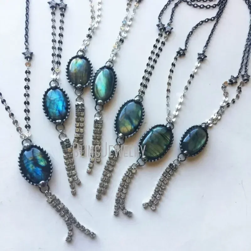 10pcs Labradorite Shimmery Rhinestone Fringe Necklace Spectrolite Witch Boho Beach Disco Talisman Medallion Chakra Y2k Jewelry