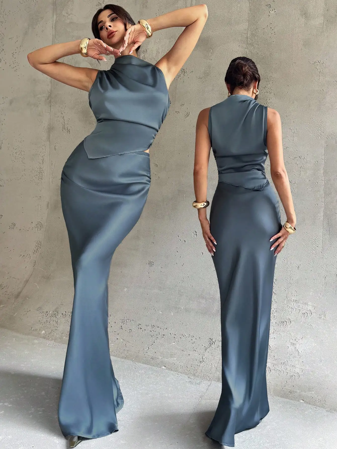 

Атласный комплект миди-юбки без рукавов с высоким и низким вырезом «рыбий хвост», элегантная одежда для офиса и вечеринок, синий