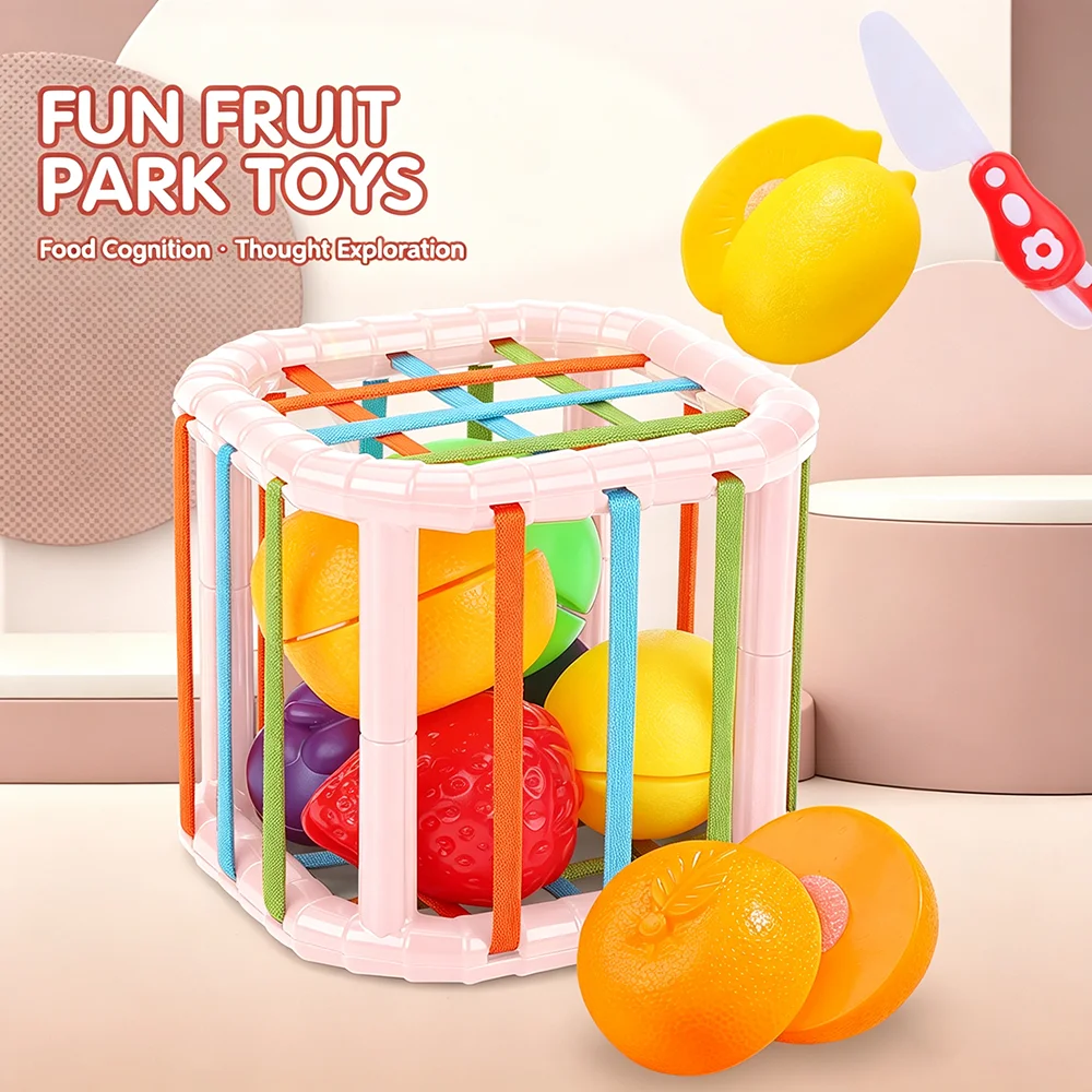 Baby Shape Sorting Fruit Toy, 2 In 1 Stretch Band Cube Sorter with Play Fruit Cutting Set Early Educational Sensory Toy
