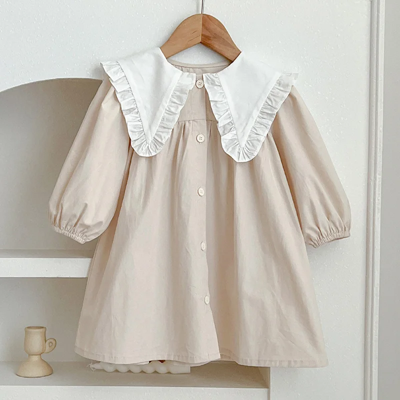 Spring Kids Baby Girls Long Sleeve Sweet Doll Collar Solid Color Princess Dress Autumn Baby Girls Dress Children Clothes Dress