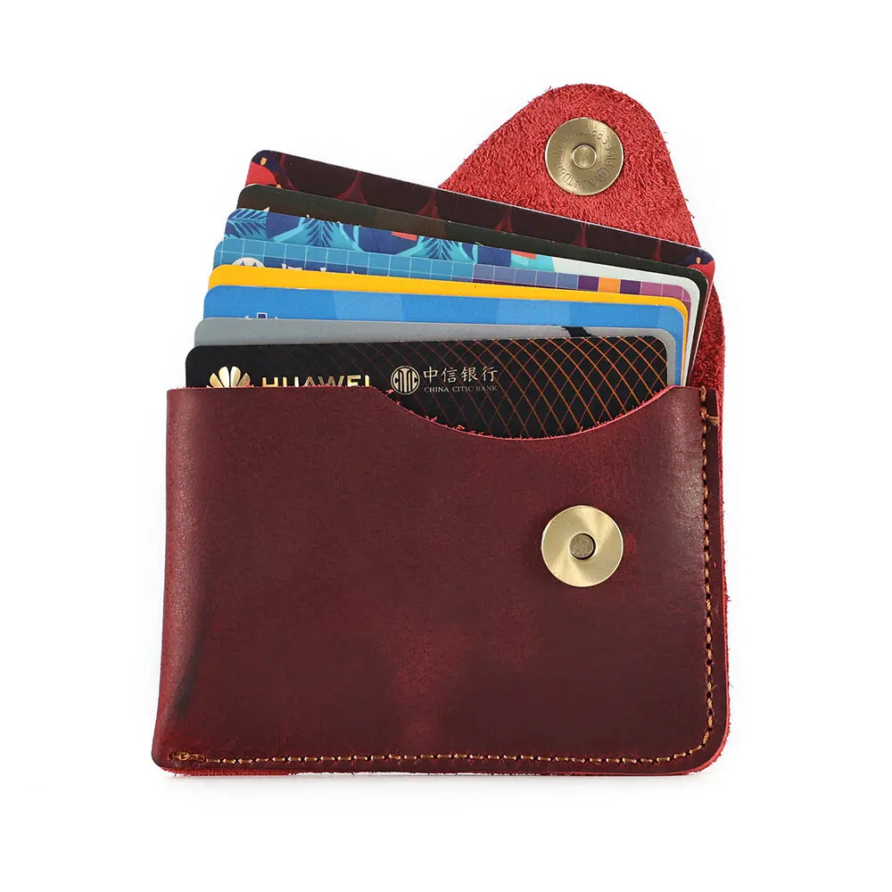 

New Crazy Horse Cowhide Large Capacity Multi Slot Kiss Button Head Layer Retro Concealed Credit Card Holder Wallet Men