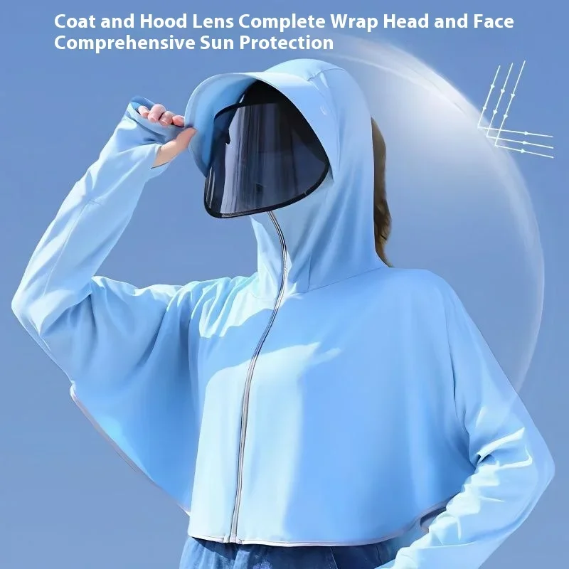 

Sunscreen Clothes with Sunshade Lens Women Ice Silk Mask Hat Summer Thin Long-sleeved Jacket Sport Running Cycling UV Protection