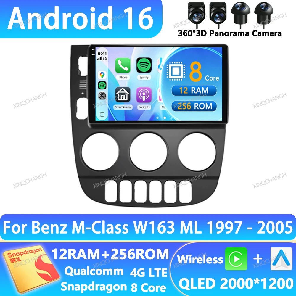 Android 16 Car Radio For Mercedes Benz M-Class W163 ML 1997 - 2005 Head Unit QLED Multimedia Stereo Video Player 4G WIFI 2DIN BT