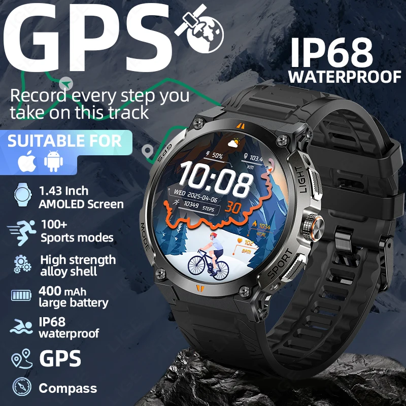

LIGE GPS Smart Watch 1.43'' AMOLED Bluetooth Call IP68 Waterproof 400mAh Compass Altitude Military Sport Smartwatch Men Bracelet