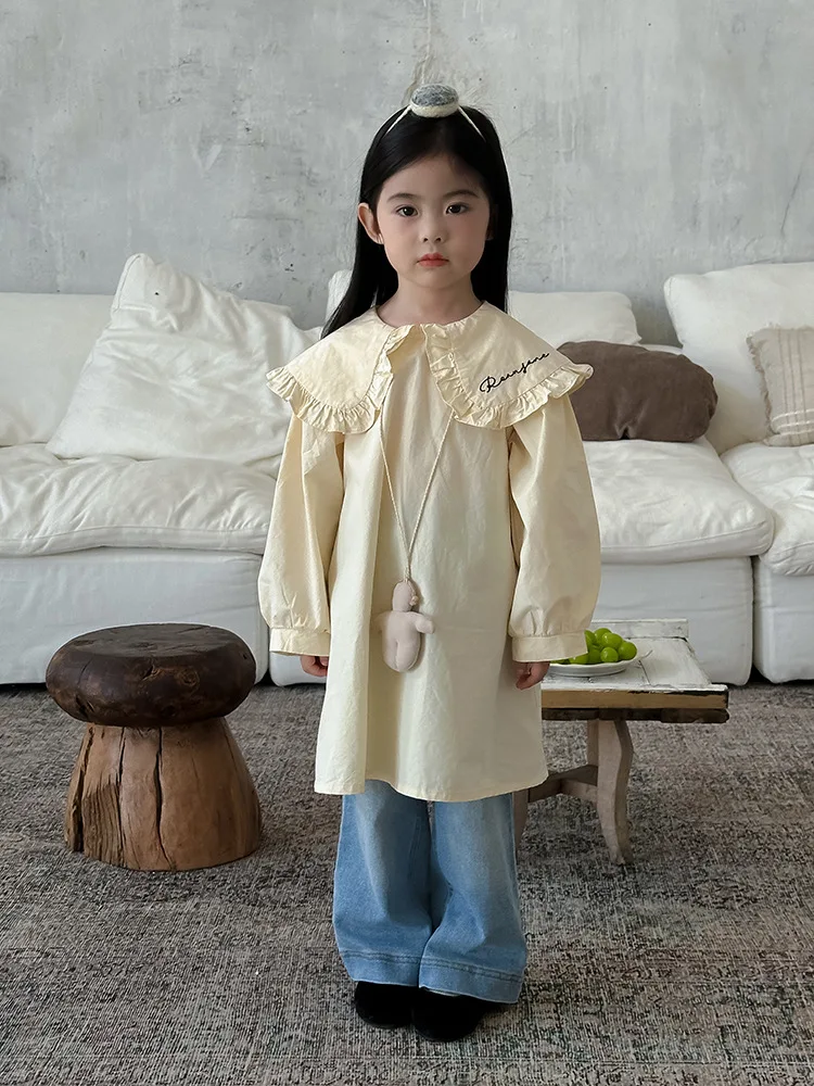 Girls Casual Dresses Children Clothing Turn Down Collar Simple Autumn New Korean Letter Flower Edge 2024 Long Solid