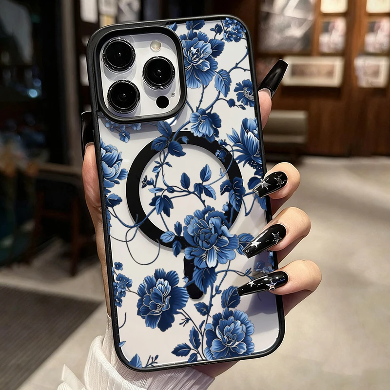 Luxury Vintage Blue Floral Magnetic Phone Case for iPhone 17 16 15 Pro Max 14 Plus 13 12 11 16 Pro 16E 17E Air Shockproof Cover - view 2